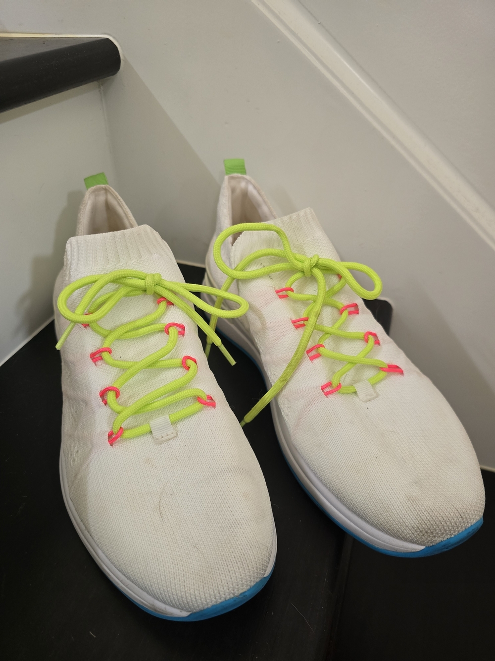 Nine West White Knit Sneakers with Neon Yellow and Pink Accents
